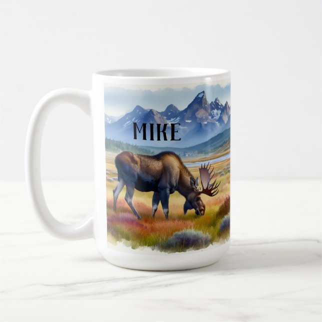 Alaska Moose Personlig Watercolor Coffee Mugg (Vänster)