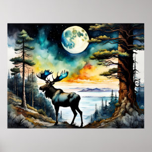 Alaska Moose under månljuset Poster