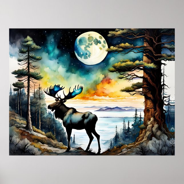 Alaska Moose under månljuset Poster (Framsidan)