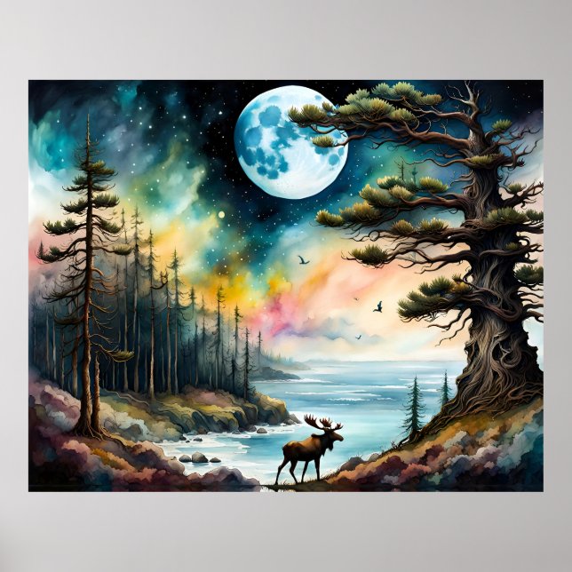 Alaska Moose vid vatten Kant vid Woodland Poster (Framsidan)
