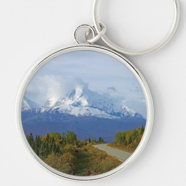 Alaska Mountain Träd Natature Forest Destiny Seaso Rund Silverfärgad Nyckelring (Framsidan)