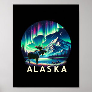 Alaska Norrsken Aurora Sevärdheter Älg Semester Poster