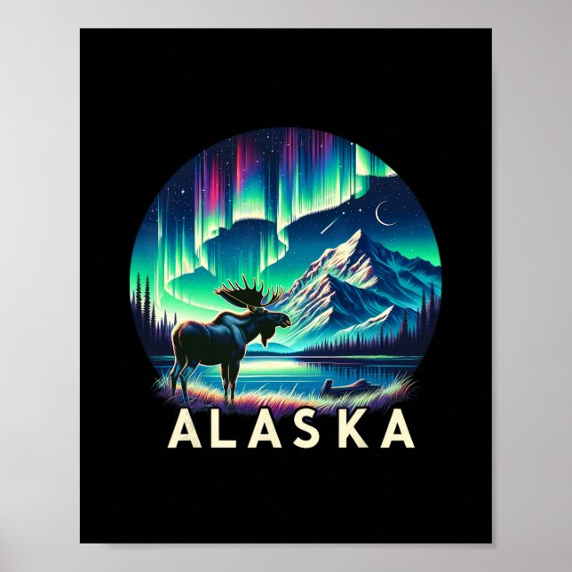 Alaska Norrsken Aurora Sevärdheter Älg Semester Poster (Framsidan)