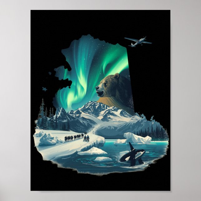 Alaska Northern Lights Grizzly Bear & Orca Poster (Framsidan)