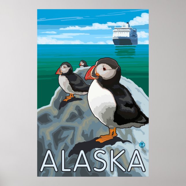 Alaska - Puffins tittar på en kryssningsfilm Frakt Poster (Framsidan)