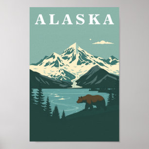 Alaska Retro Resa Grizzlybjörn Poster