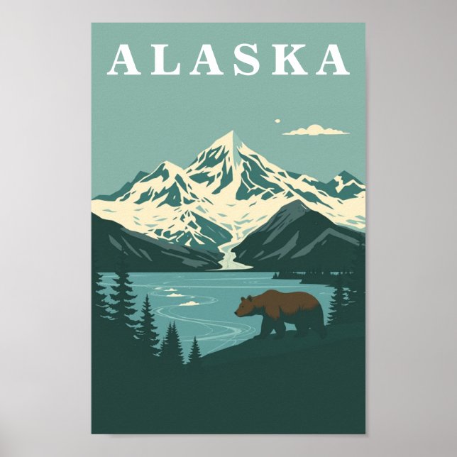 Alaska Retro Resa Grizzlybjörn Poster (Framsidan)