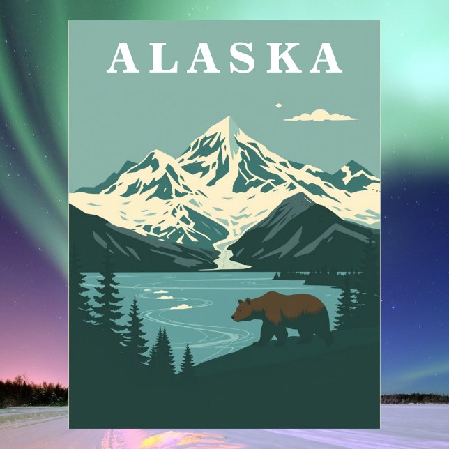 Alaska Retro Resa Grizzlybjörn Vykort (Alaska Retro Travel Grizzly Bear Postcard
)