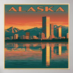 Alaska Stadssiluett Solnedgång Poster