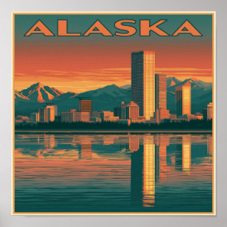 Alaska Stadssiluett Solnedgång Poster