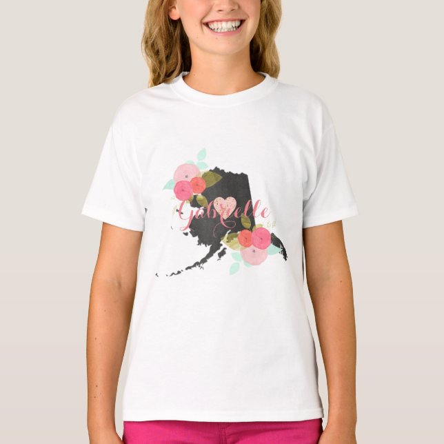 Alaska State Chalkboard Blommigt & Heart Monogram T-shirt (Framsida)