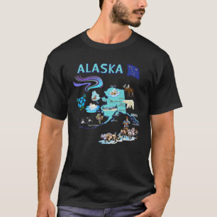Alaska State Karta Landmarks Symbols Major Cities T Shirt