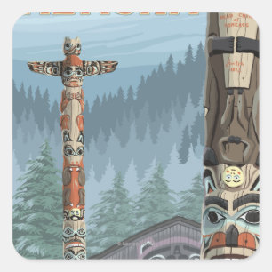 Alaska Totem Poles - Juneau, Alaska Fyrkantigt Klistermärke