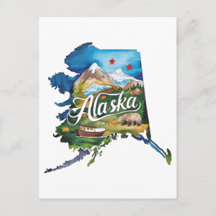 Alaska USA Delstat Formgjuten Vintage Vattenfärg Vykort