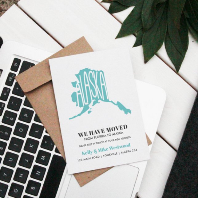 ALASKA Vi har flyttat Ny adress Ny Hem  Vykort (ALASKA MAP THEMED RELOCATION POSTCARD TO ANNOUNCE TO FAMILY AND FRIENDS WHERE YOUR NEW HOUSE IS)