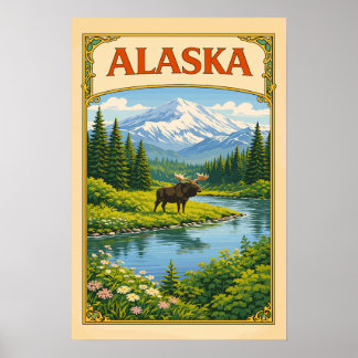 Alaska Vintage Älg Skogsmark Poster