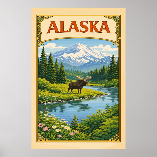 Alaska Vintage Älg Skogsmark Poster (Framsidan)