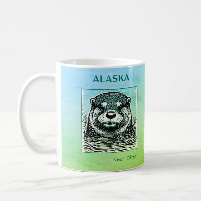 Alaskafloden Otter Porträtt-Blue och Grönt Kaffemugg (Vänster)