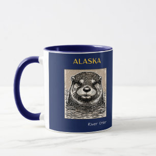 Alaskafloden Otter Porträtt Blue och Guld Mugg