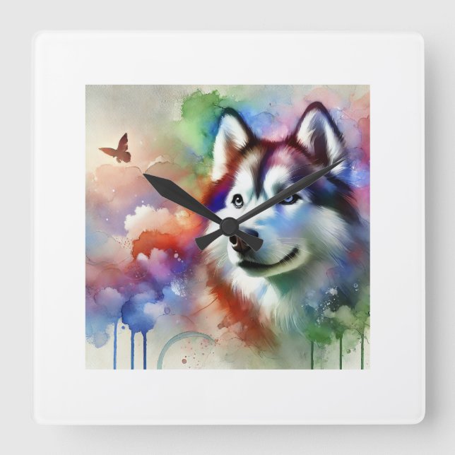 Alaskan Husky 300924AREF103 - Watercolor Fyrkantig Klocka (Framsida)