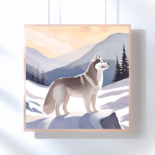 Alaskan Husky Dog Mountain Akvarell Poster