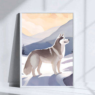 Alaskan Husky Dog Mountain Watercolor Art Poster