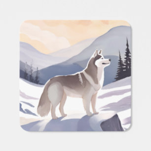 Alaskan Husky Dog Mountain Watercolor Fyrkantigt Klistermärke