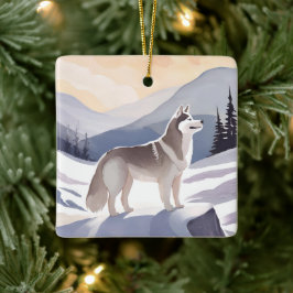 Alaskan Husky | Dog Mountain Watercolor Julgransprydnad Keramik