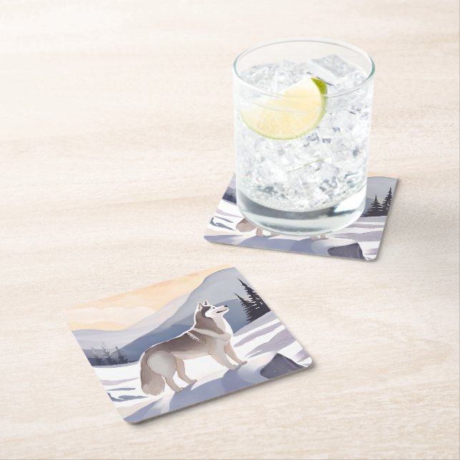 Alaskan Husky | Dog Mountain Watercolor Underlägg Papper Kvadrat (Insitu)