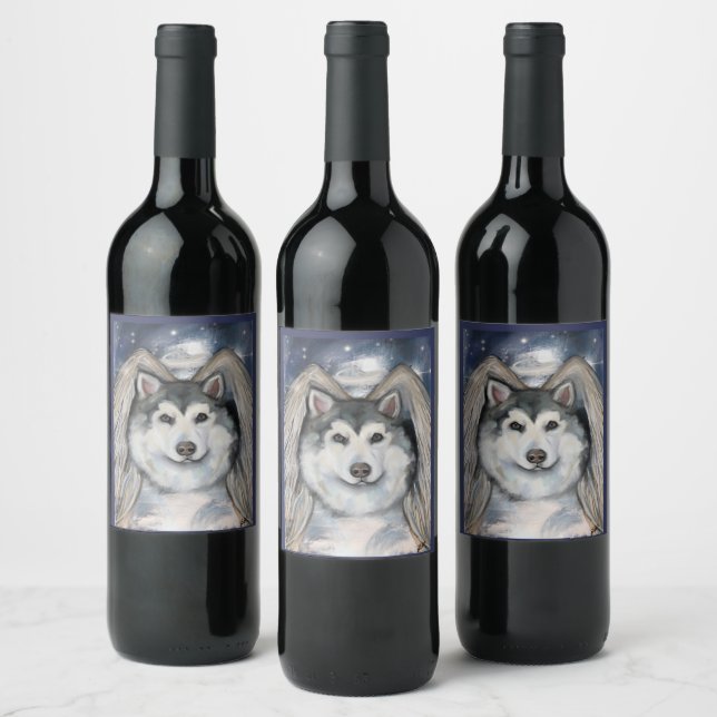 Alaskan Malamute Ängel Vinflaska Etikett (Flaskor)