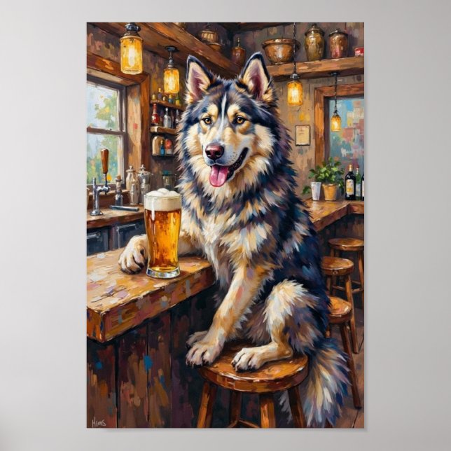 Alaskan Malamute Bar Konst, Rollig Drickande Hund  Poster (Framsidan)