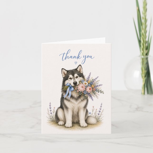 Alaskan Malamute Blombukett Tack Kort (Framsida)