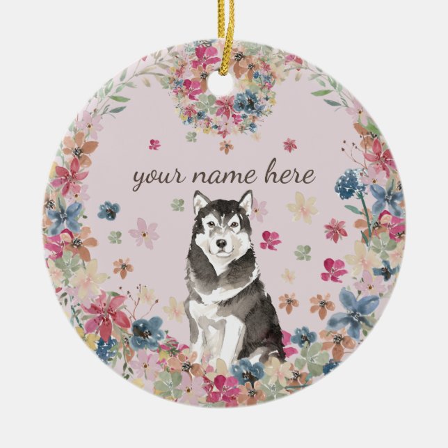 Alaskan Malamute Blomcirkelram Hund Julgransprydnad Keramik (Framsidan)