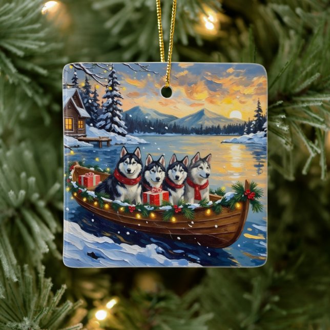 Alaskan Malamute Christmas Boat Holiday Julgransprydnad Keramik (Träd)