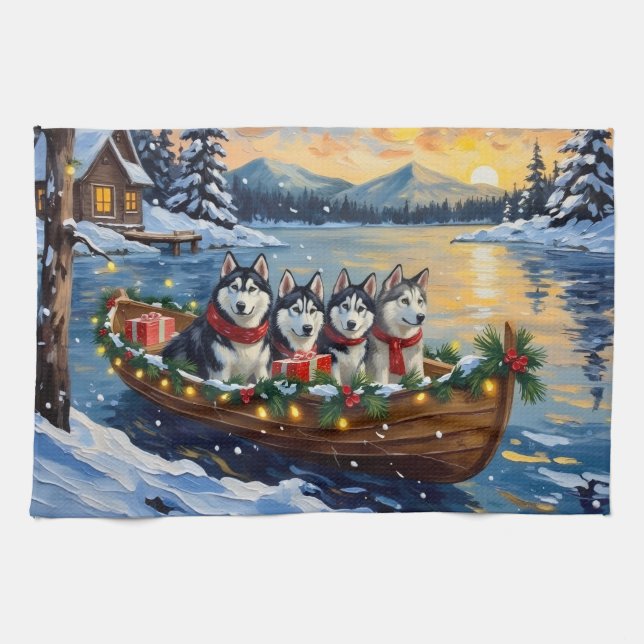 Alaskan Malamute Christmas Boat Holiday Kökshandduk (Horisontell)