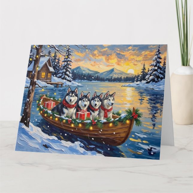 Alaskan Malamute Christmas Boat Holiday Kort (Framsida)