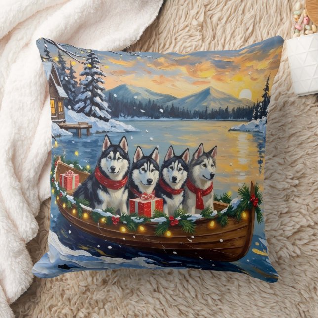 Alaskan Malamute Christmas Boat Holiday Kudde (Filt)