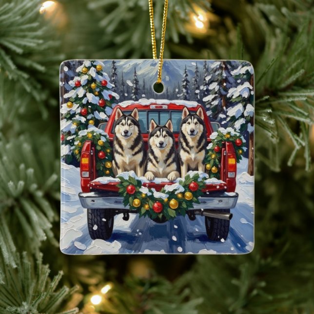Alaskan Malamute Christmas Red Truck Holiday Julgransprydnad Keramik (Träd)