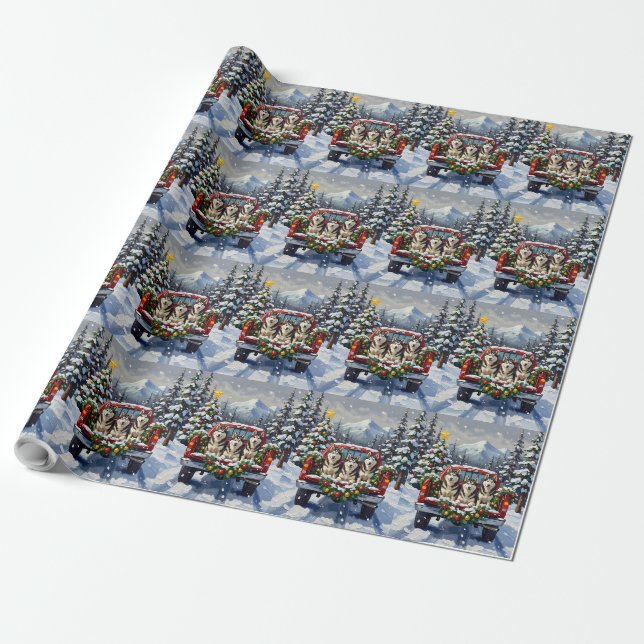 Alaskan Malamute Christmas Red Truck Holiday Presentpapper (Utrullad)