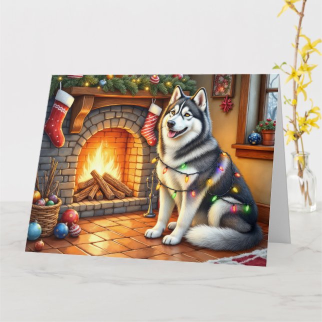 Alaskan Malamute Fireplace with Christmas Lights Kort (Gul blomma)