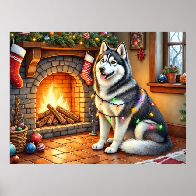 Alaskan Malamute Fireplace with Christmas Lights Poster (Framsidan)