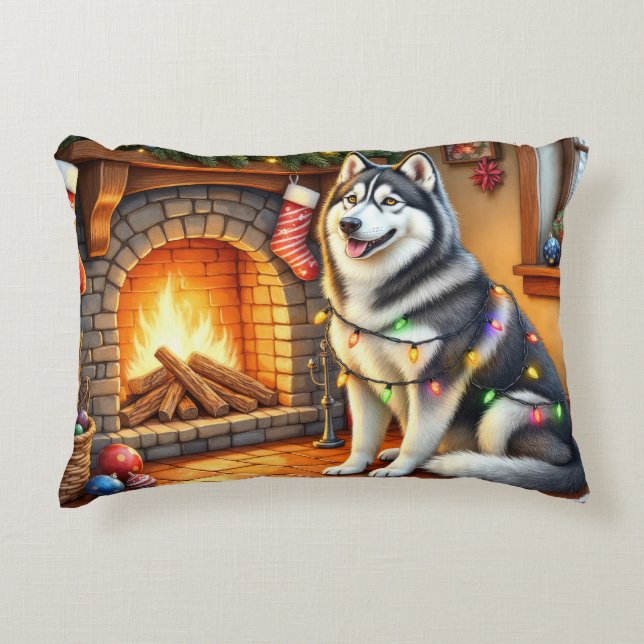 Alaskan Malamute Fireplace with Christmas Lights Prydnadskudde (Framsidan)
