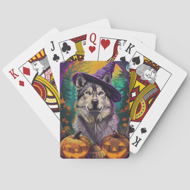  Alaskan Malamute Halloween-häxa och pumpa  Casinokort (Baksidan)