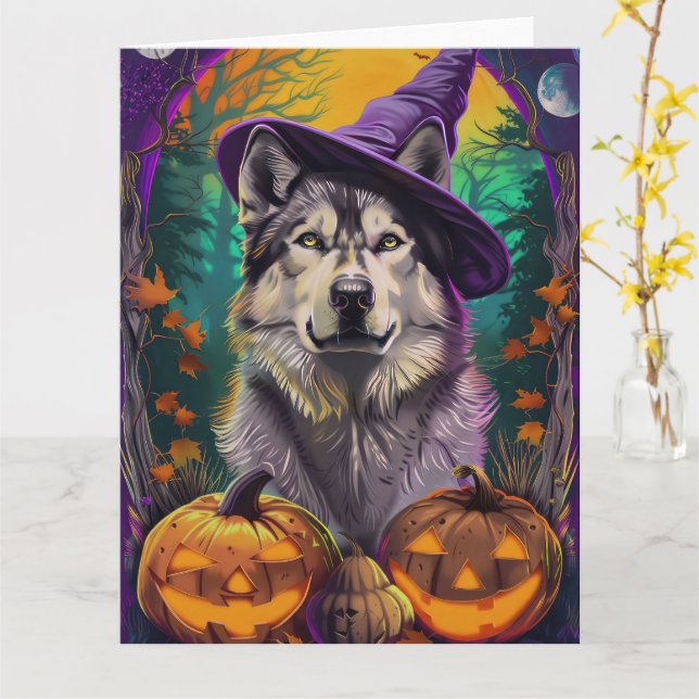  Alaskan Malamute Halloween-häxa och pumpa  Kort (Gul blomma)