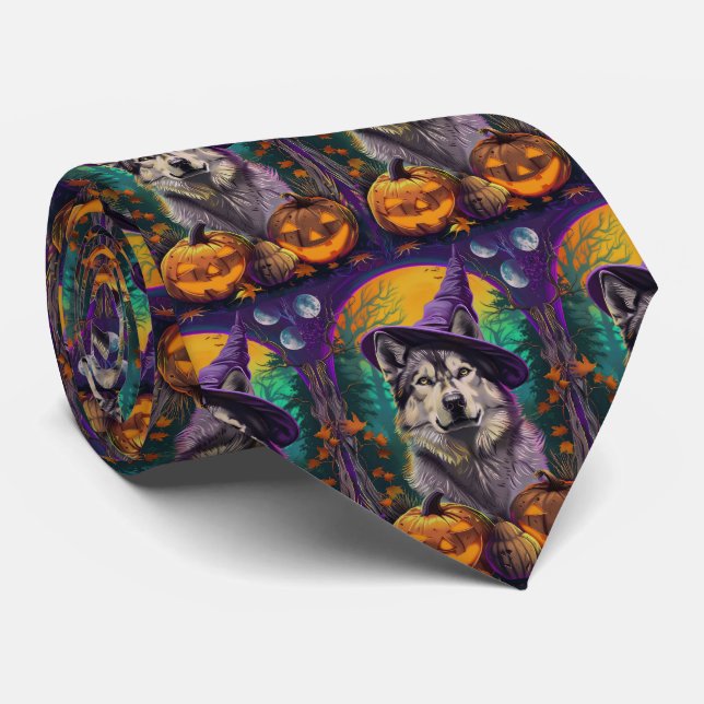  Alaskan Malamute Halloween-häxa och pumpa  Slips (Rullad)