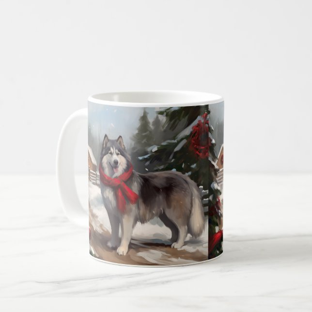 Alaskan Malamute Hund i Snö Jul Kaffemugg (Framsida vänster)