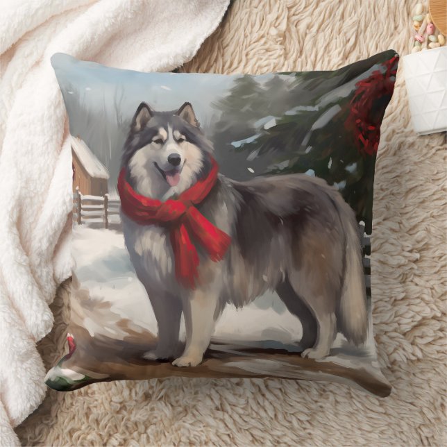 Alaskan Malamute Hund i Snö Jul Kudde (Filt)