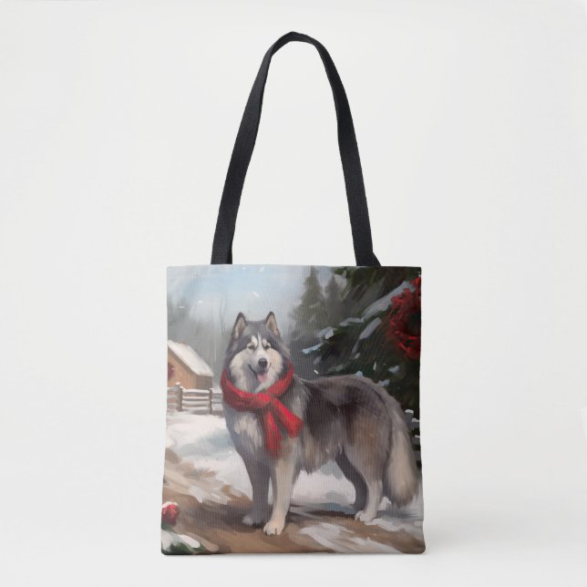 Alaskan Malamute hund i snö jul Tygkasse (Framsida)