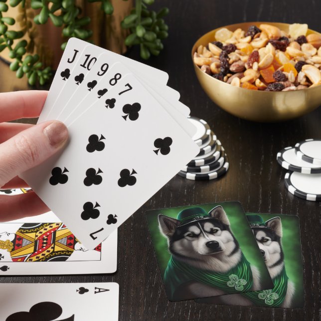 Alaskan Malamute hund i St. Patrick's Day dräkt Casinokort (På plats)