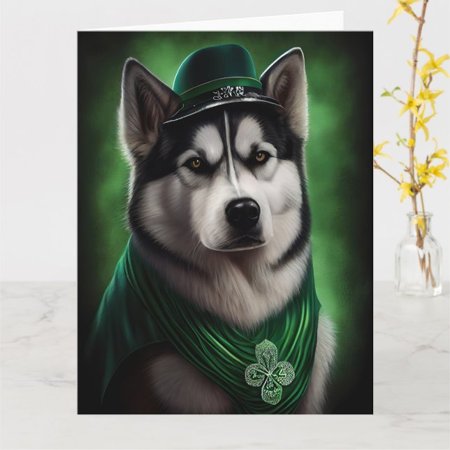 Alaskan Malamute hund i St. Patrick's Day dräkt Kort (Gul blomma)